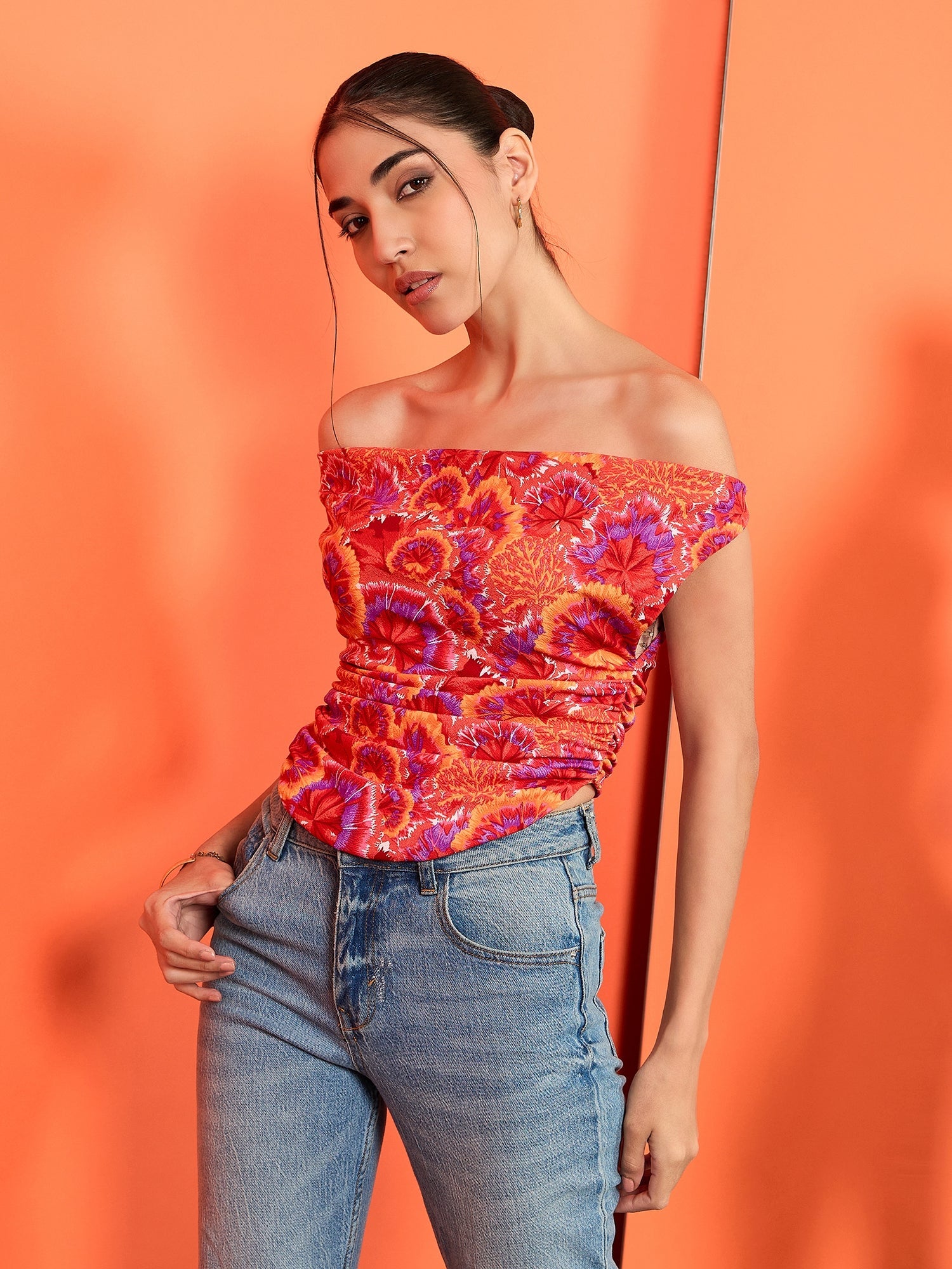 Printed Stretchable Draped Crop Top