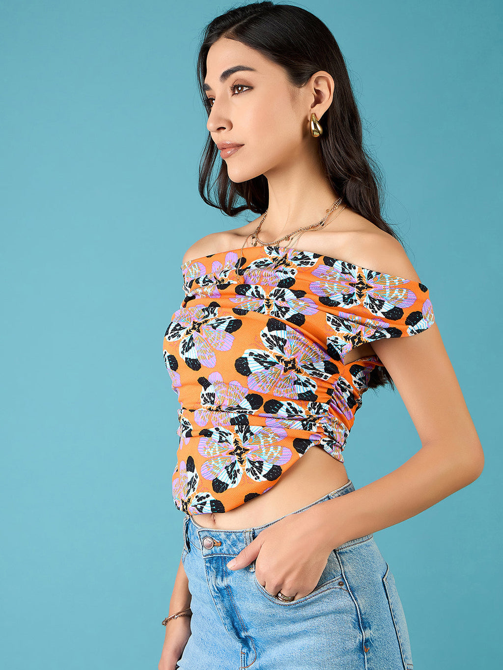 Printed Stretchable Draped Crop Top