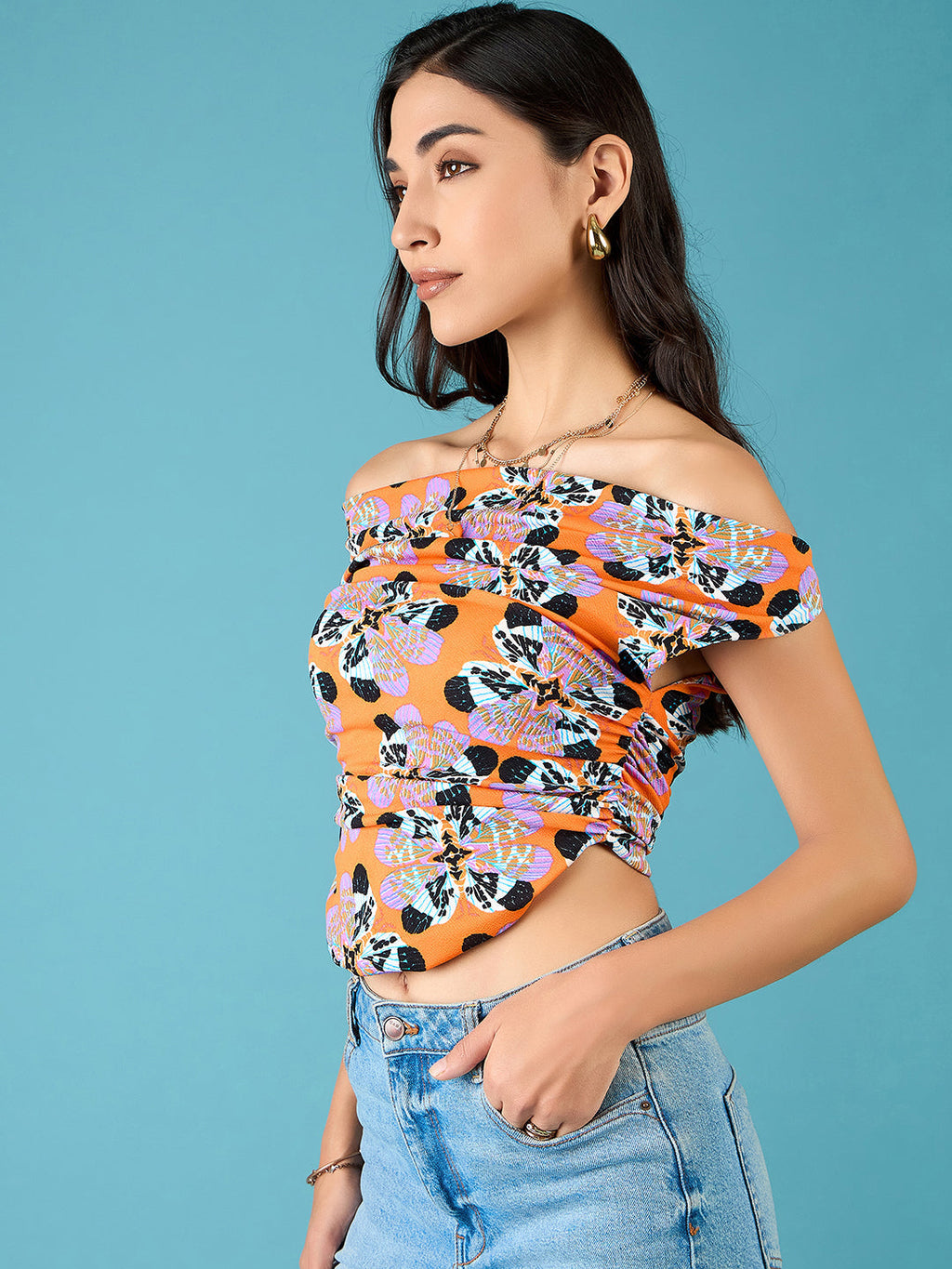 Printed Stretchable Draped Crop Top