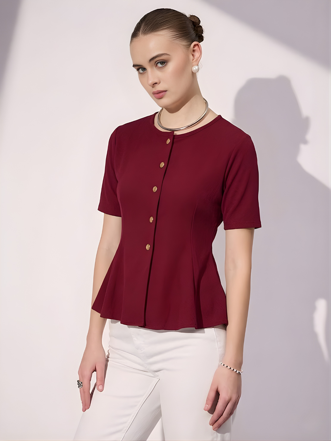 Stretchable Ribbed Flared Peplum Top