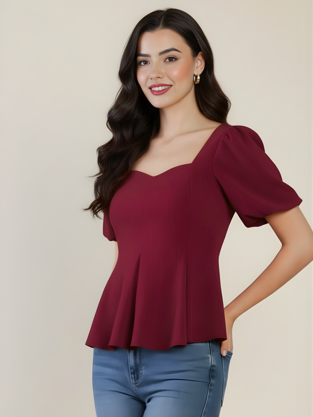 Stretchable Puff Sleeves Peplum Top