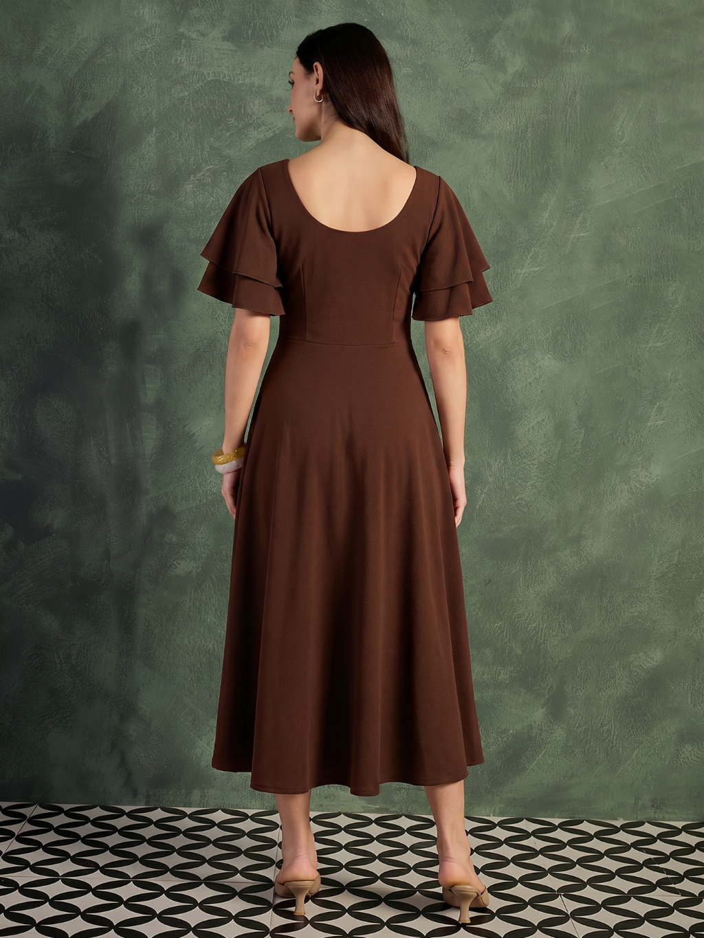 Stretchable Ruffled Sleeve Fit & Flare Dress