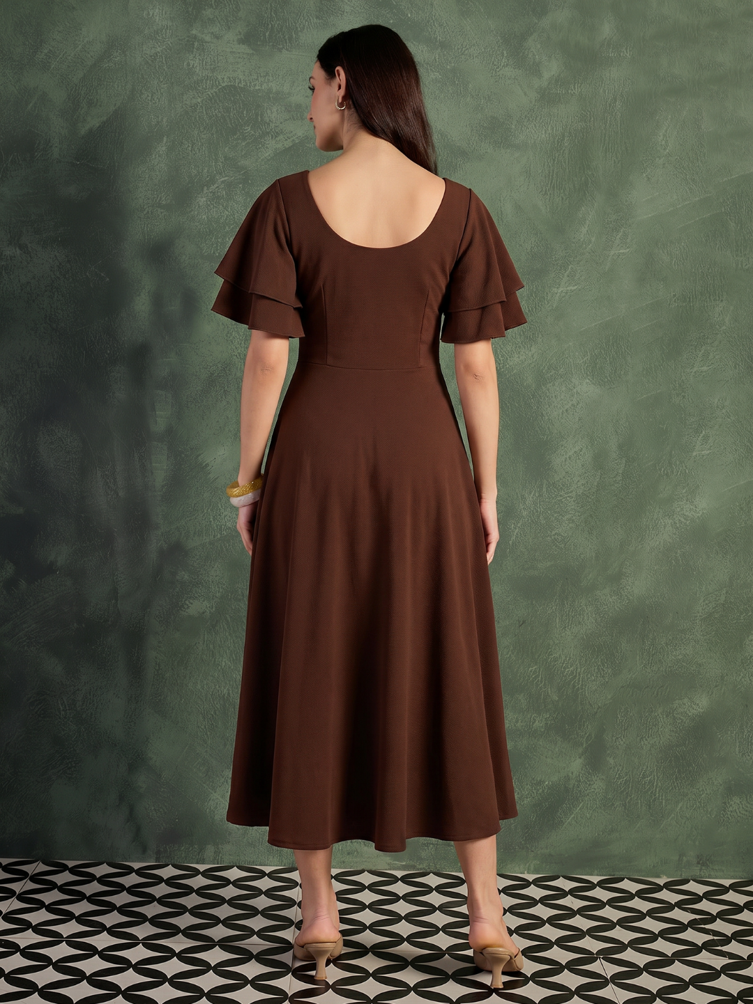 Stretchable Ruffled Sleeve Fit & Flare Dress