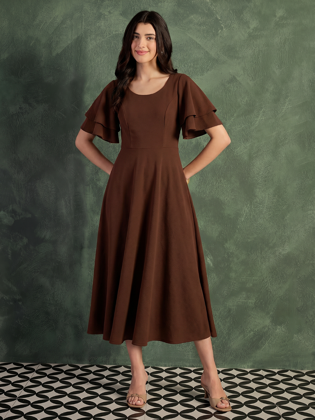 Stretchable Ruffled Sleeve Fit & Flare Dress