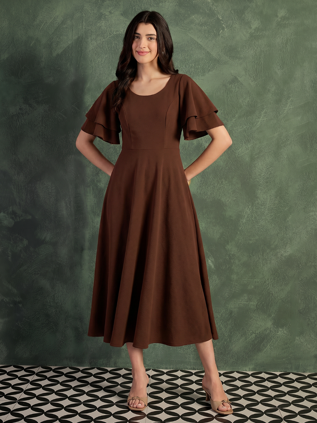 Stretchable Ruffled Sleeve Fit & Flare Dress