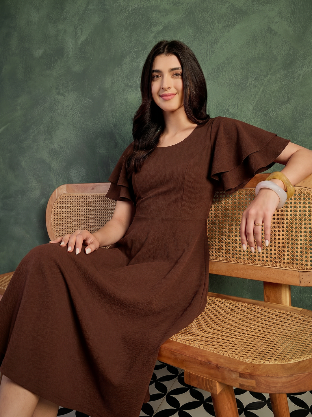 Stretchable Ruffled Sleeve Fit & Flare Dress