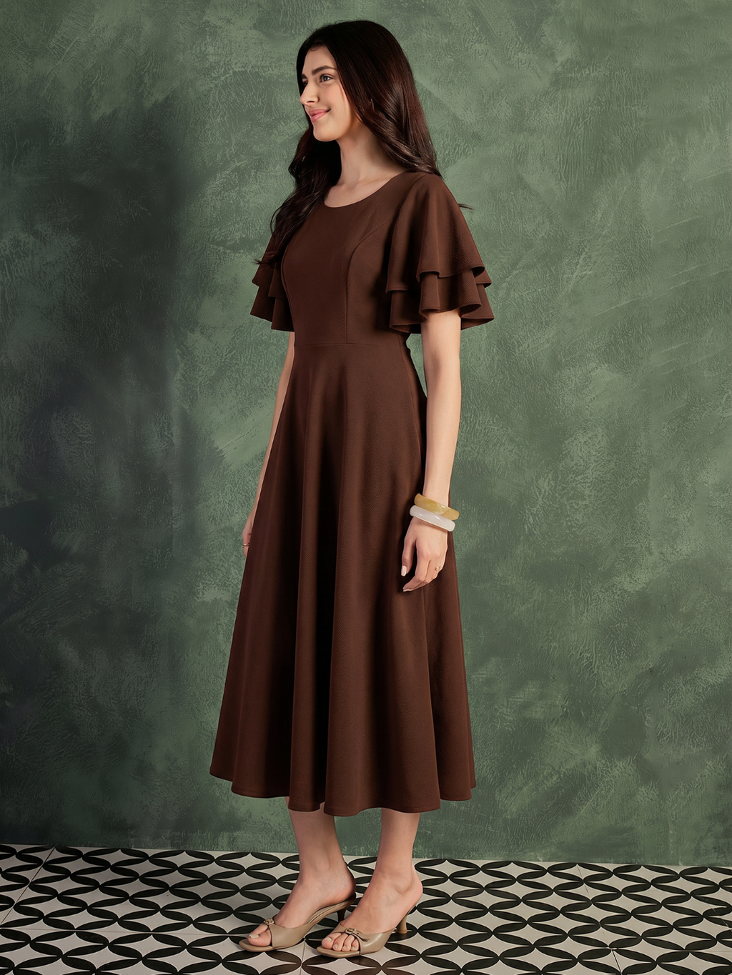 Stretchable Ruffled Sleeve Fit & Flare Dress