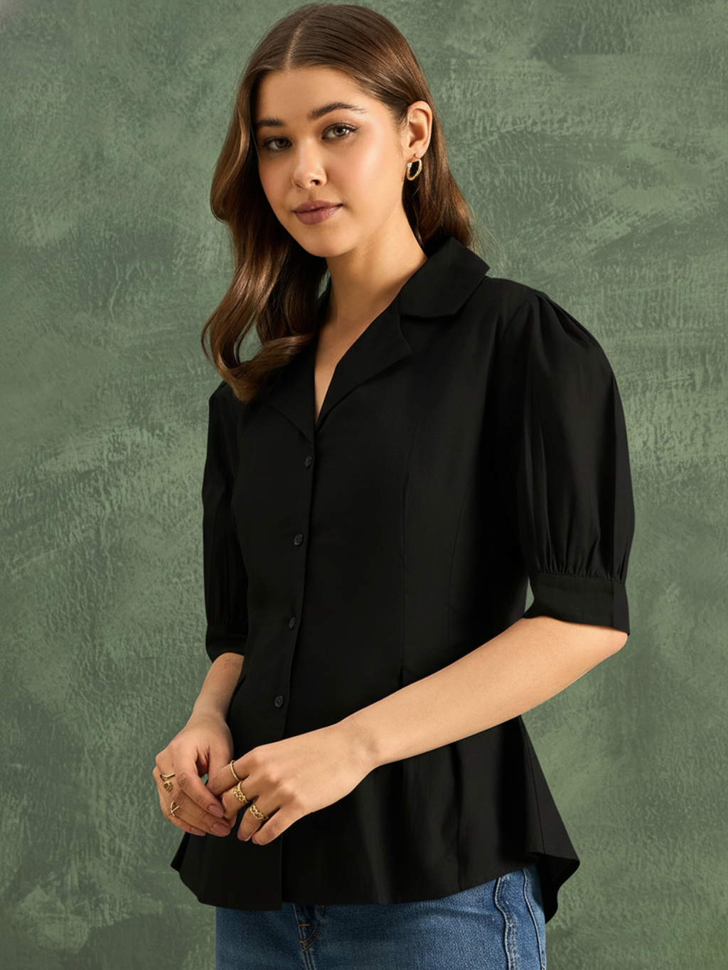Puff Sleeve Pure Cotton Pleated Shirt