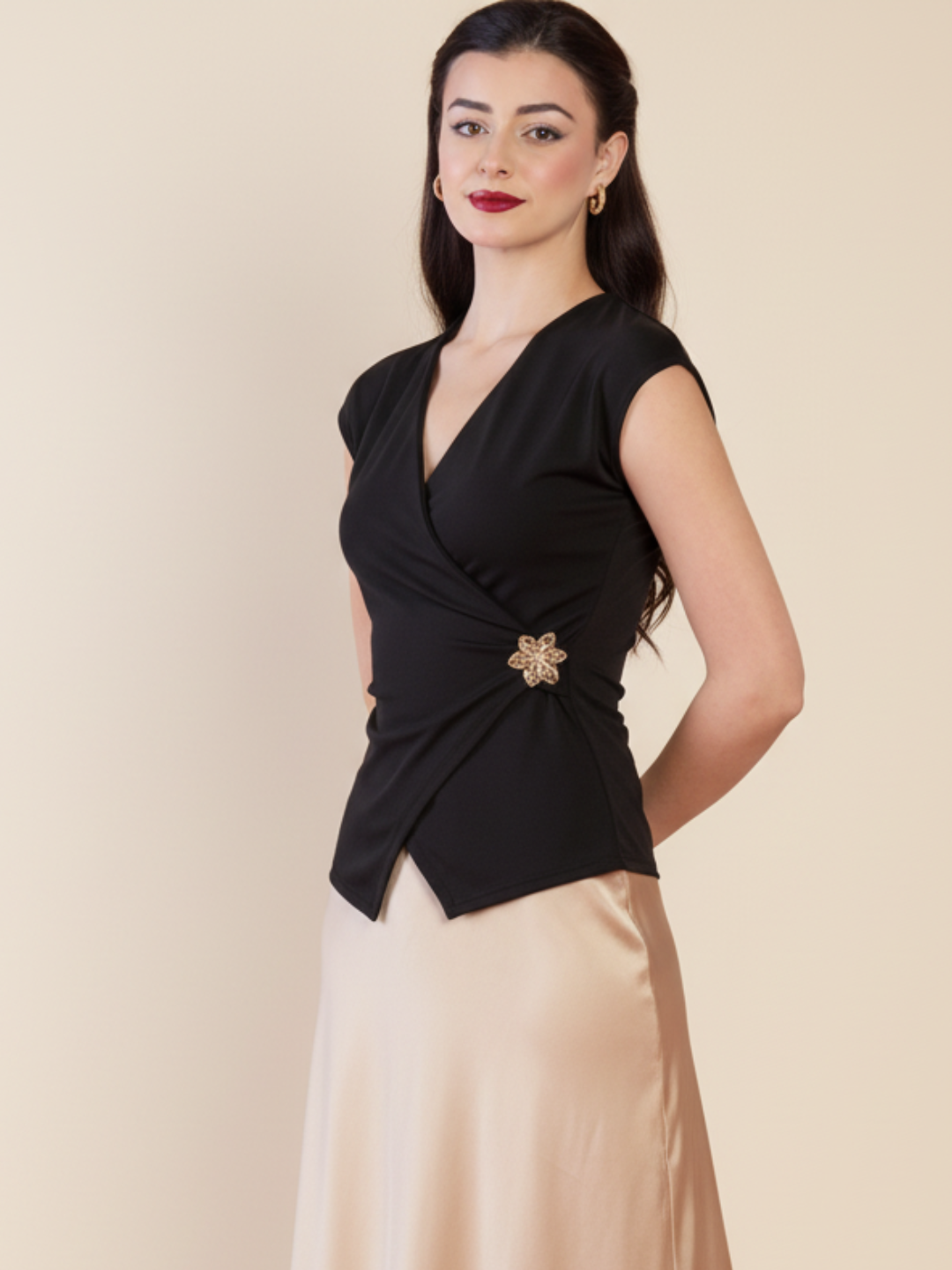 Stretchable Gold Accent Wrap Top