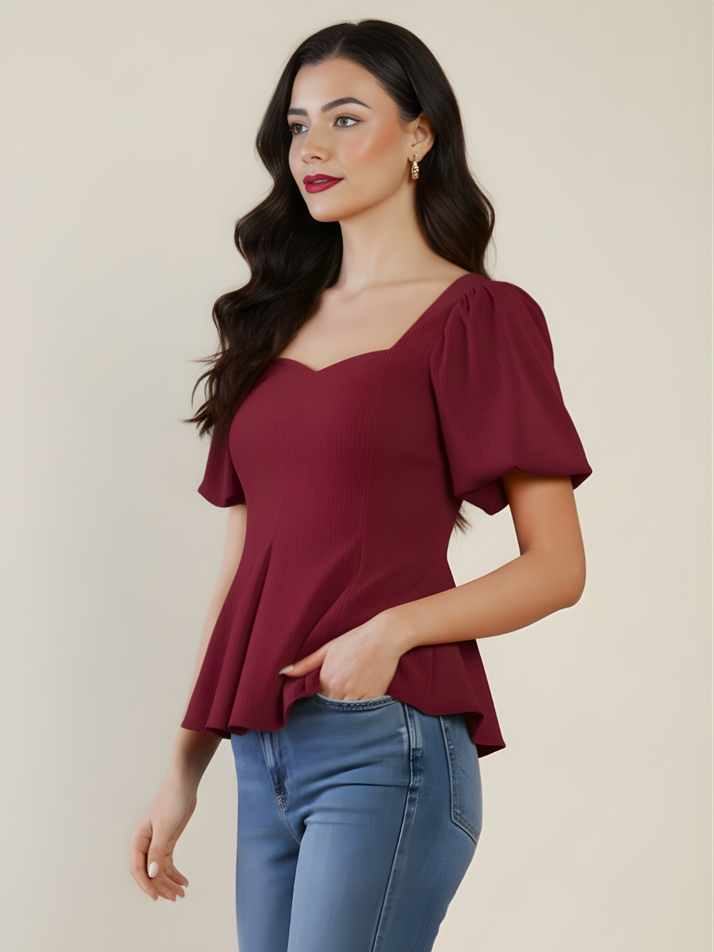 Stretchable Puff Sleeves Peplum Top