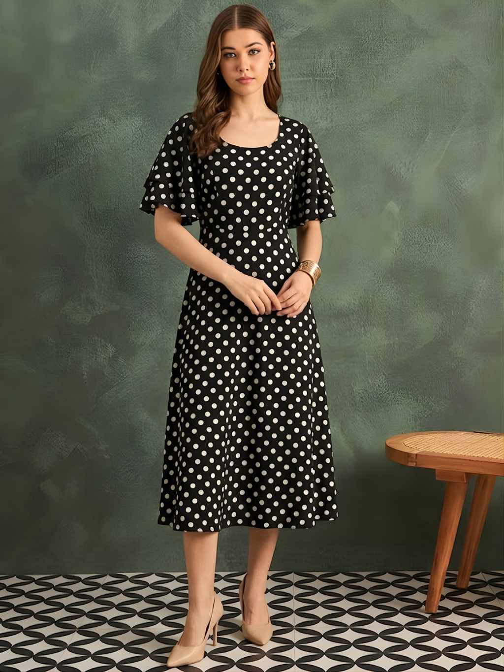 Stretchable Ruffled Sleeve Fit & Flare Dress