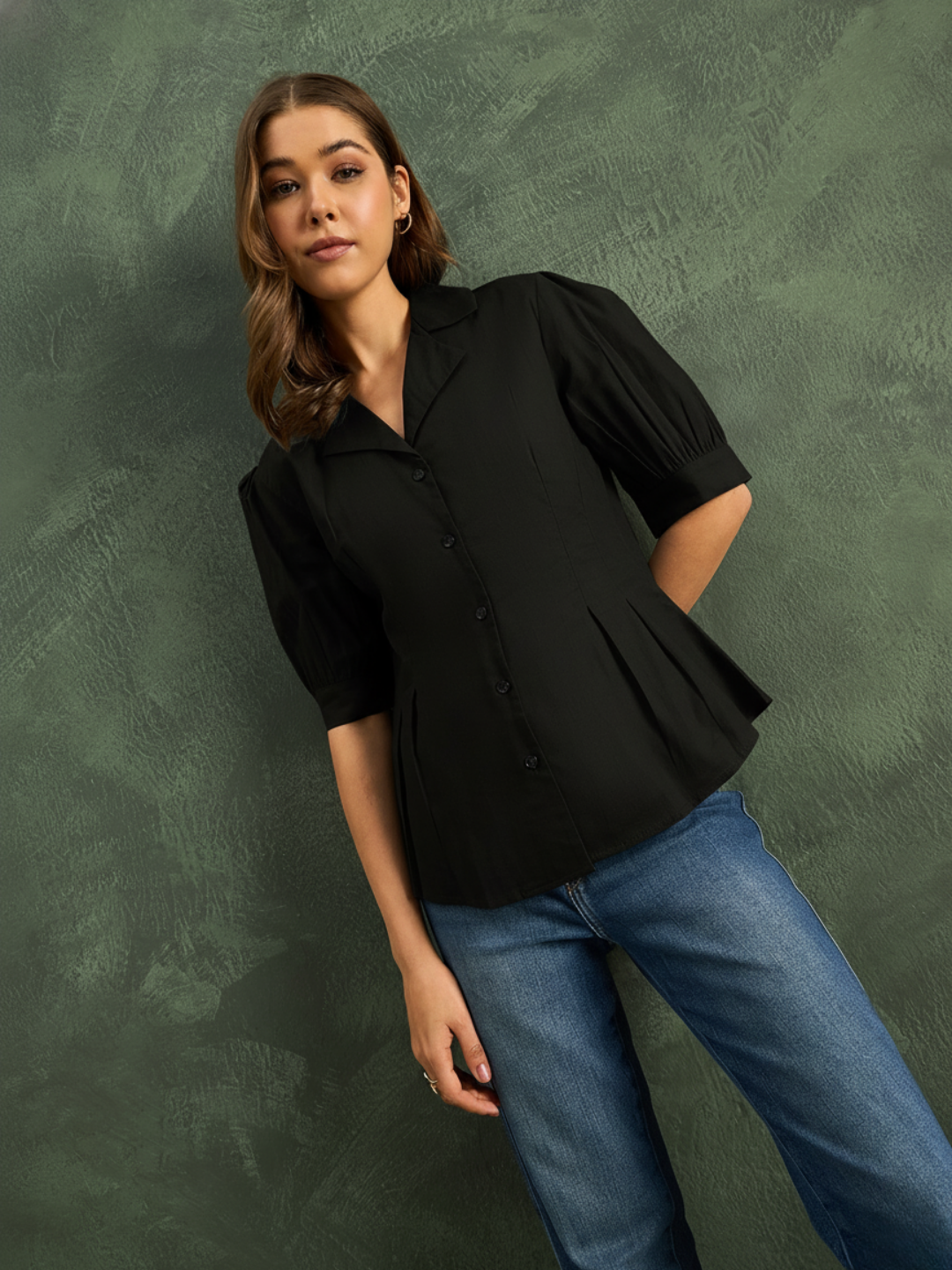 Puff Sleeve Pure Cotton Pleated Shirt