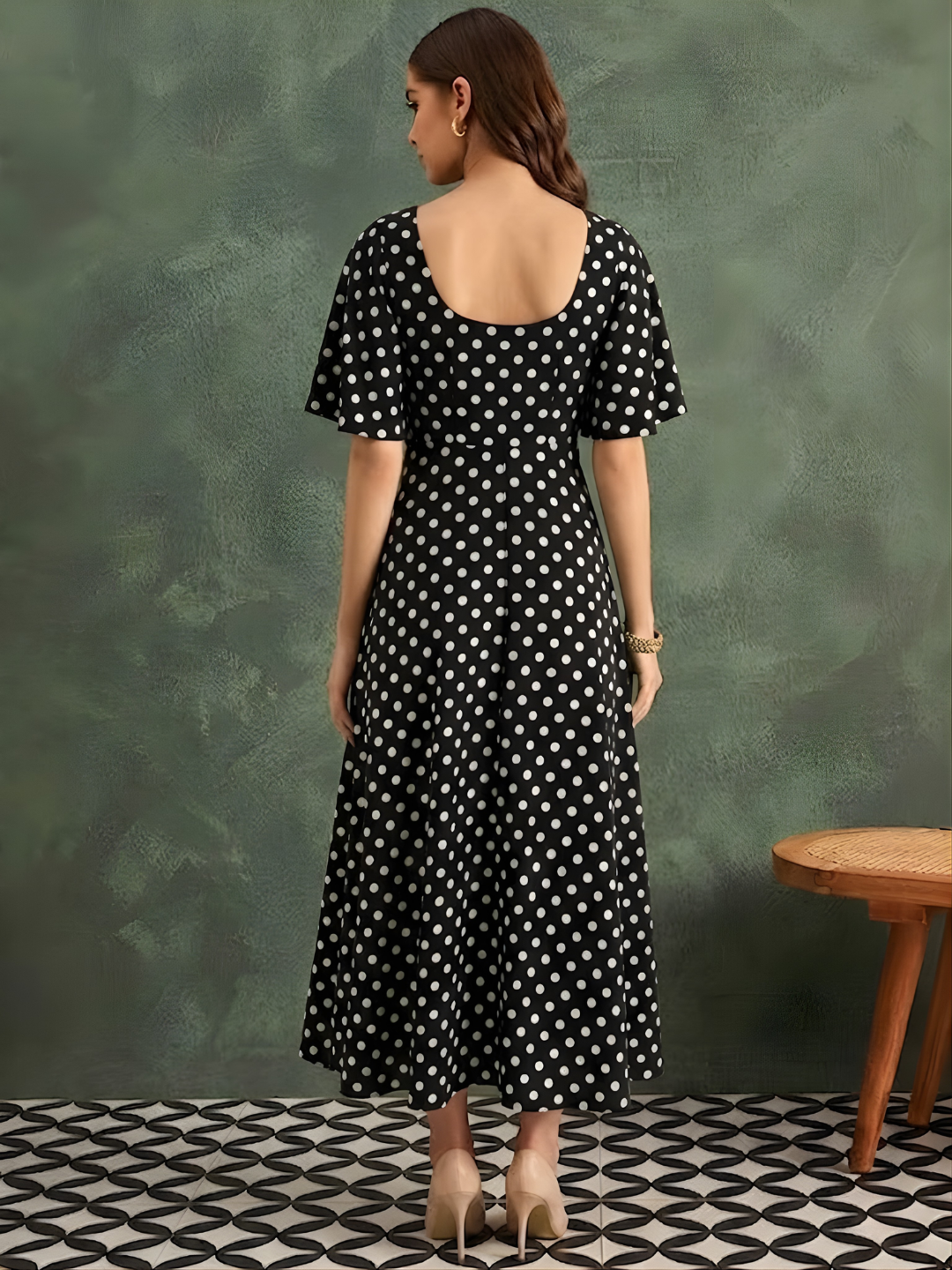 Stretchable Ruffled Sleeve Fit & Flare Dress