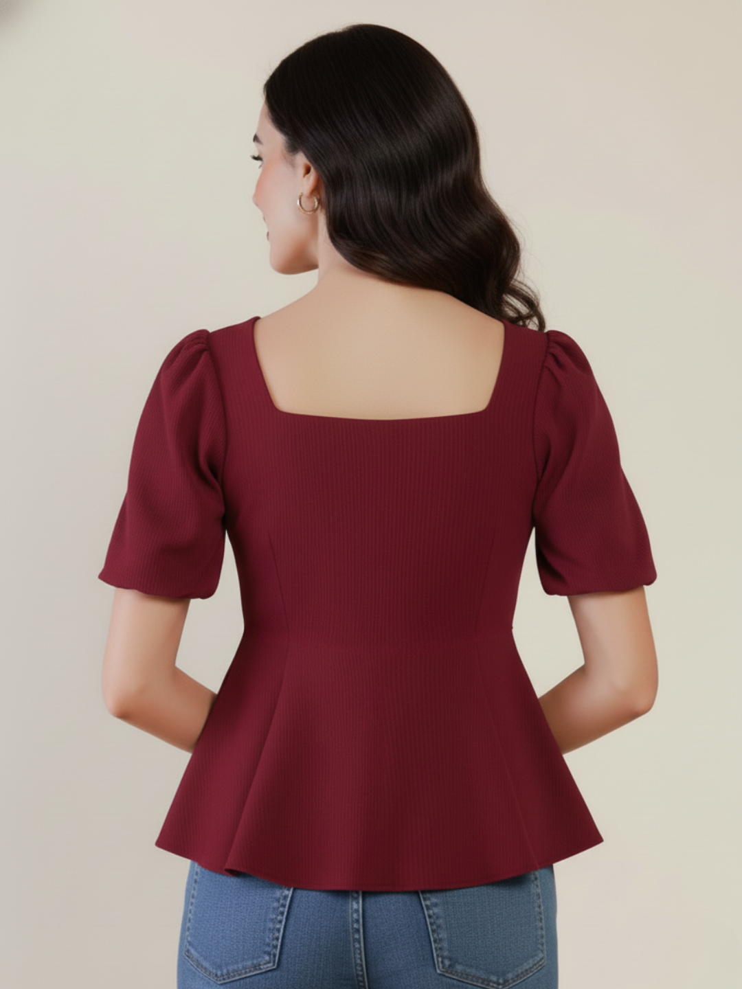 Stretchable Puff Sleeves Peplum Top