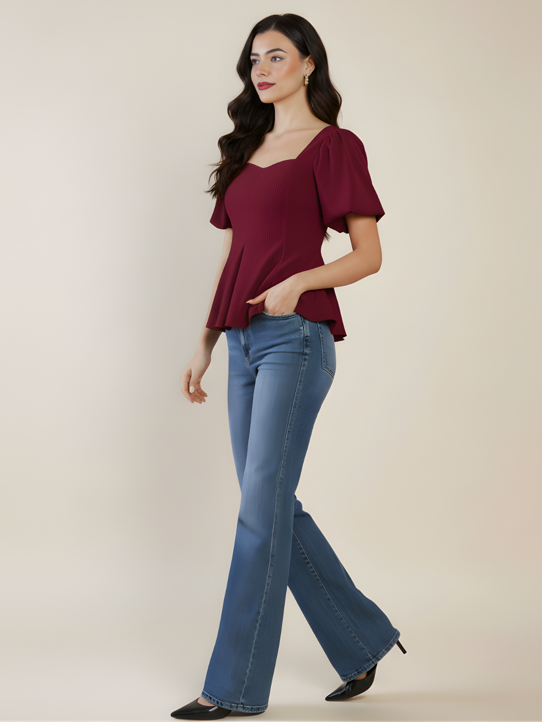 Stretchable Puff Sleeves Peplum Top