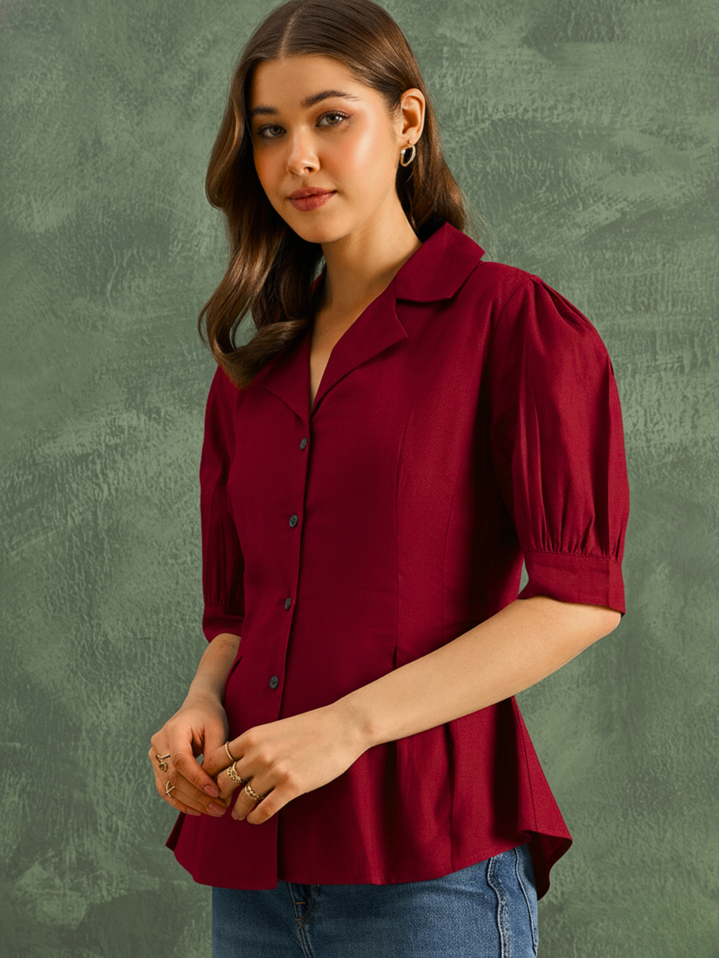 Puff Sleeve Pure Cotton Pleated Shirt