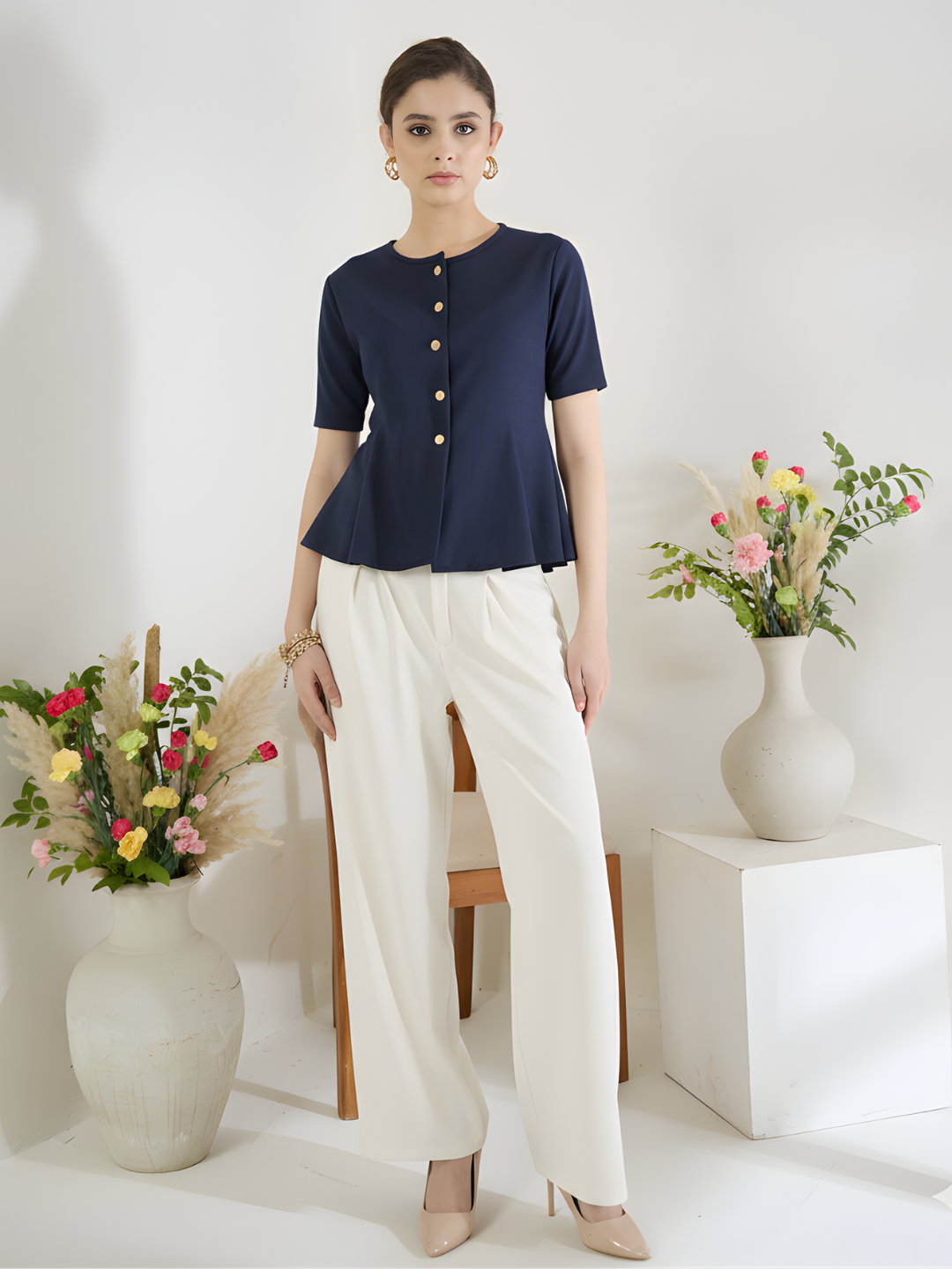 Stretchable Ribbed Flared Peplum Top