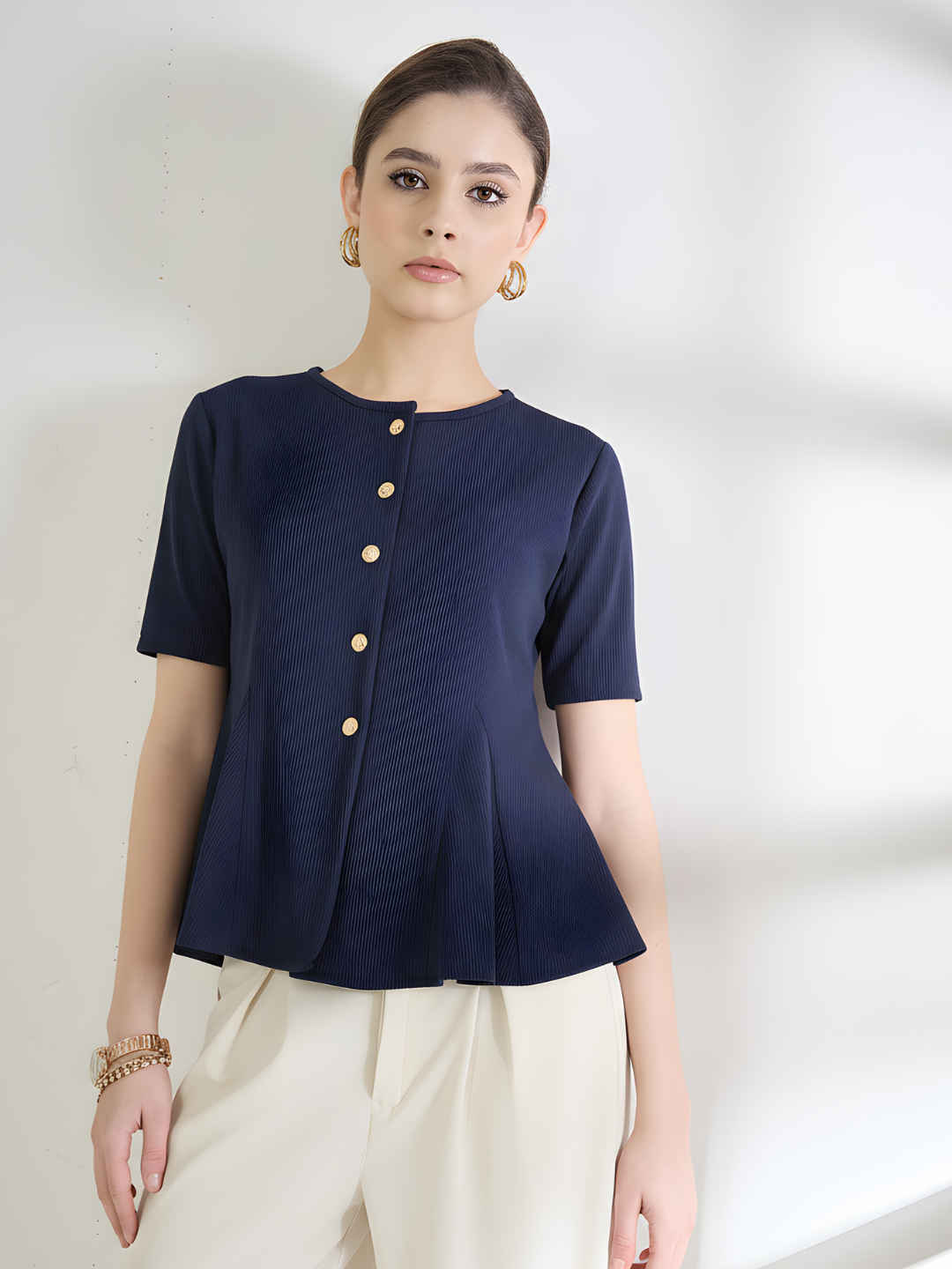 Stretchable Ribbed Flared Peplum Top