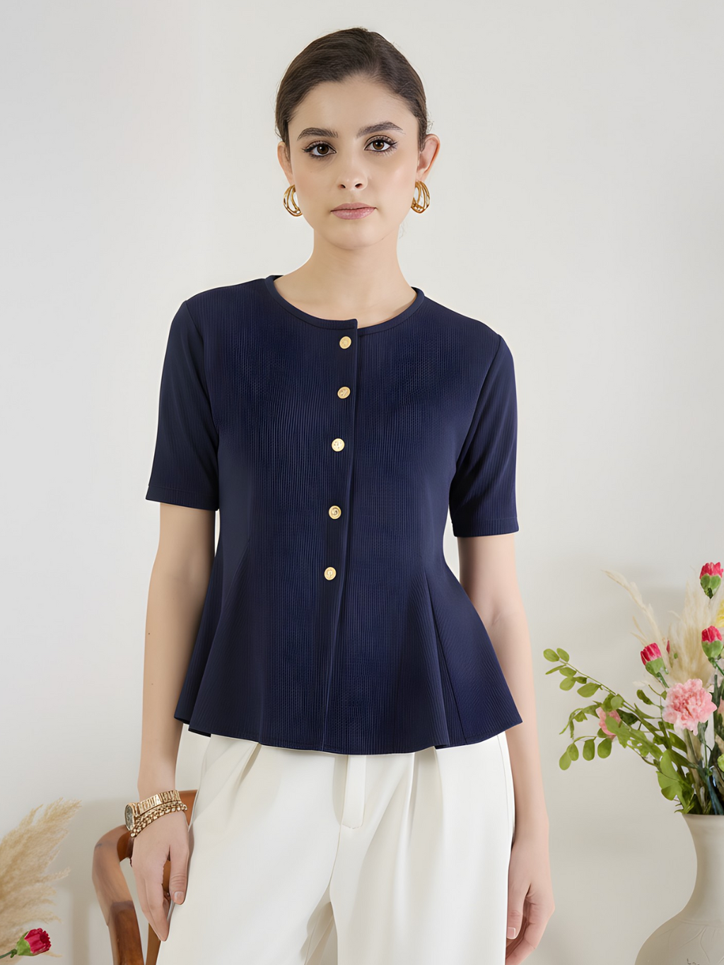 Stretchable Ribbed Flared Peplum Top