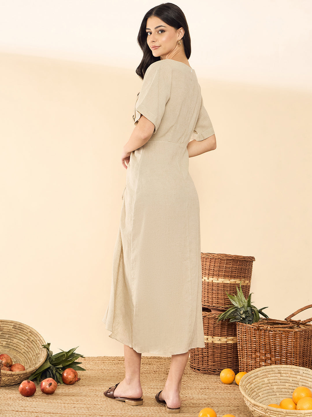 Linen Drawstring Midi Dress