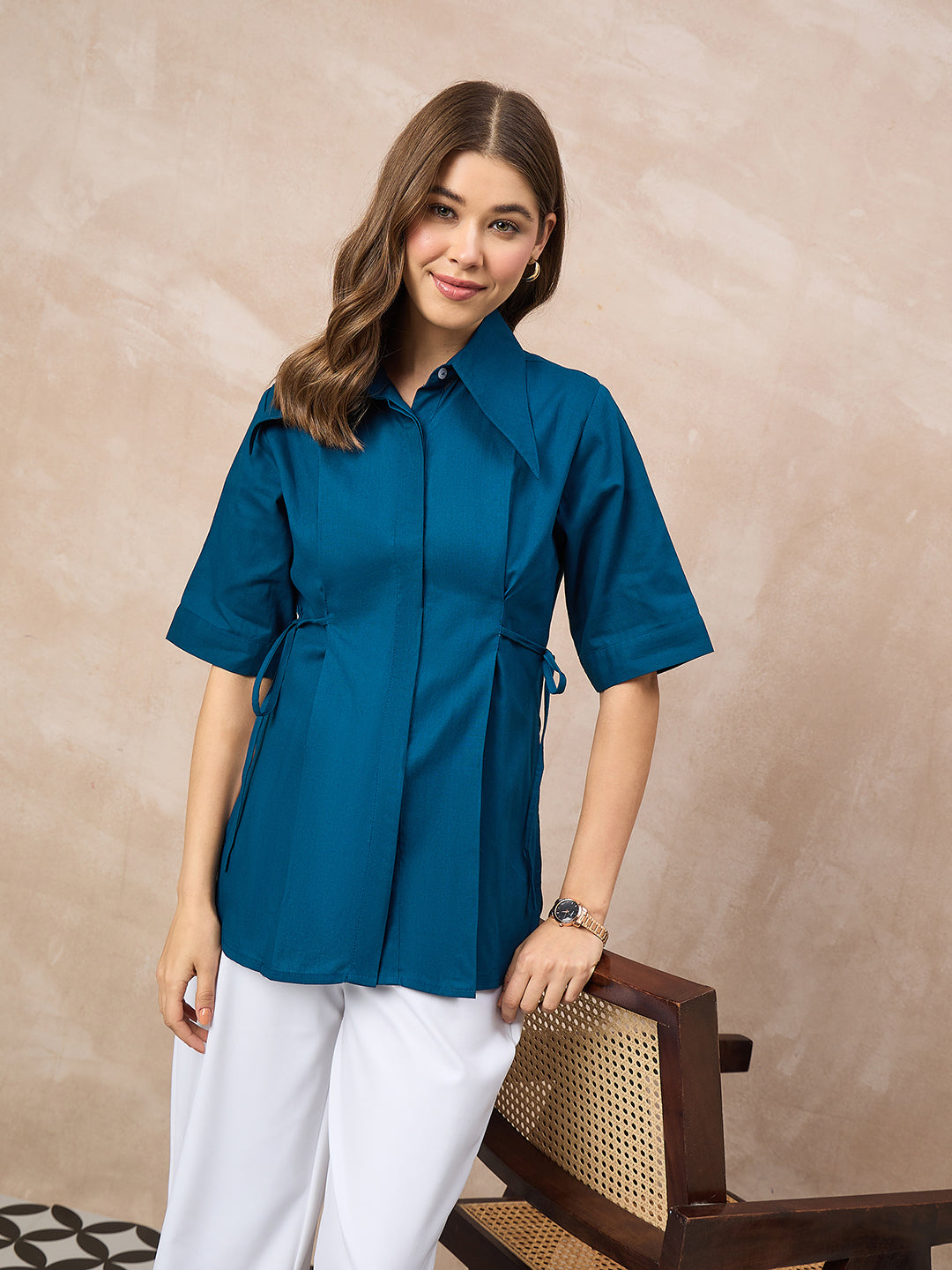 Pure Cotton Cinched Waist Collared Shirt