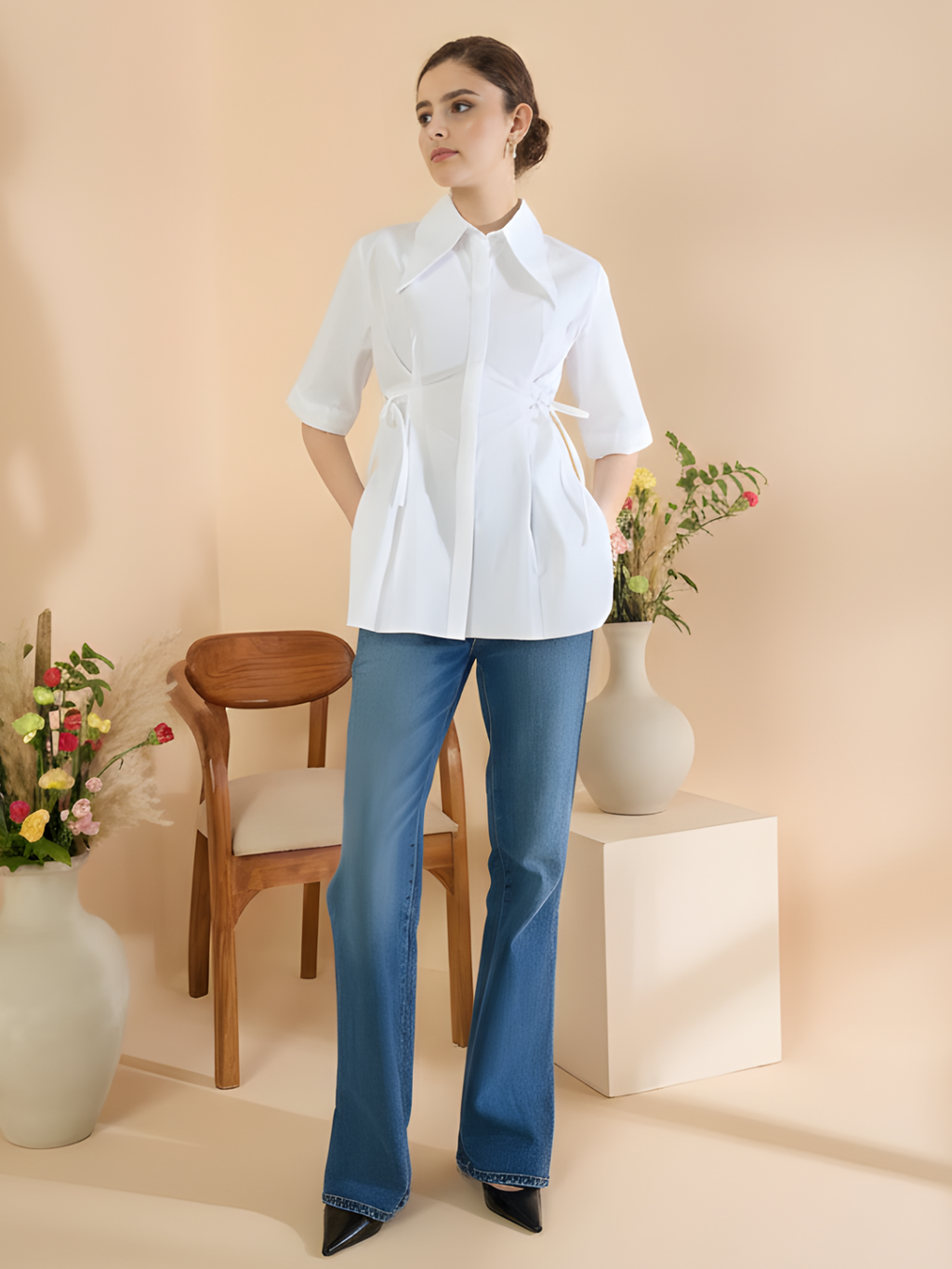 Pure Cotton Cinched Waist Collared Shirt