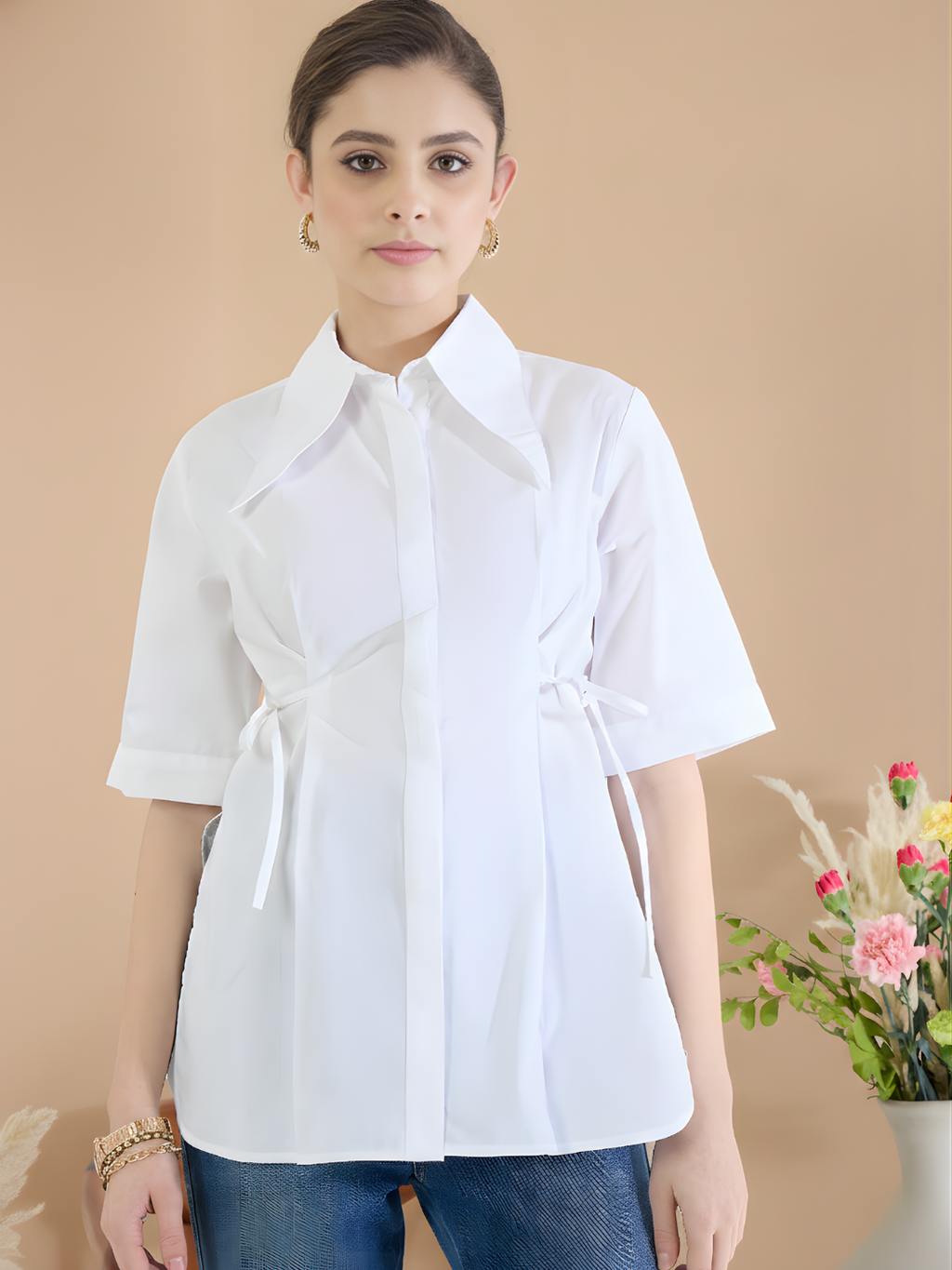 Pure Cotton Cinched Waist Collared Shirt