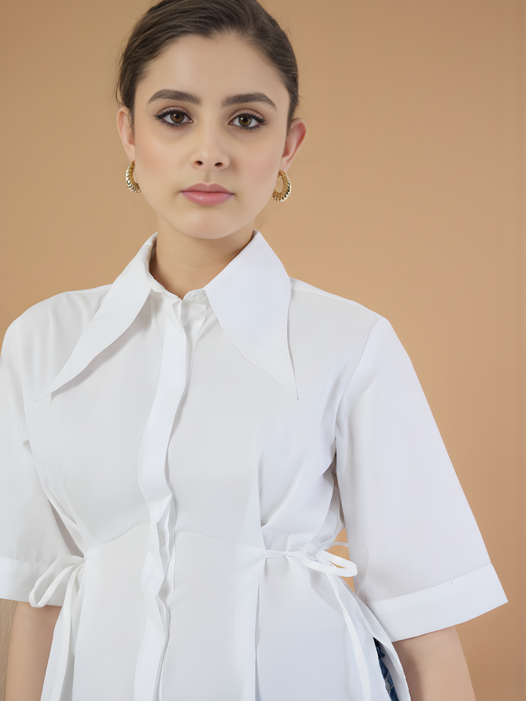 Pure Cotton Cinched Waist Collared Shirt