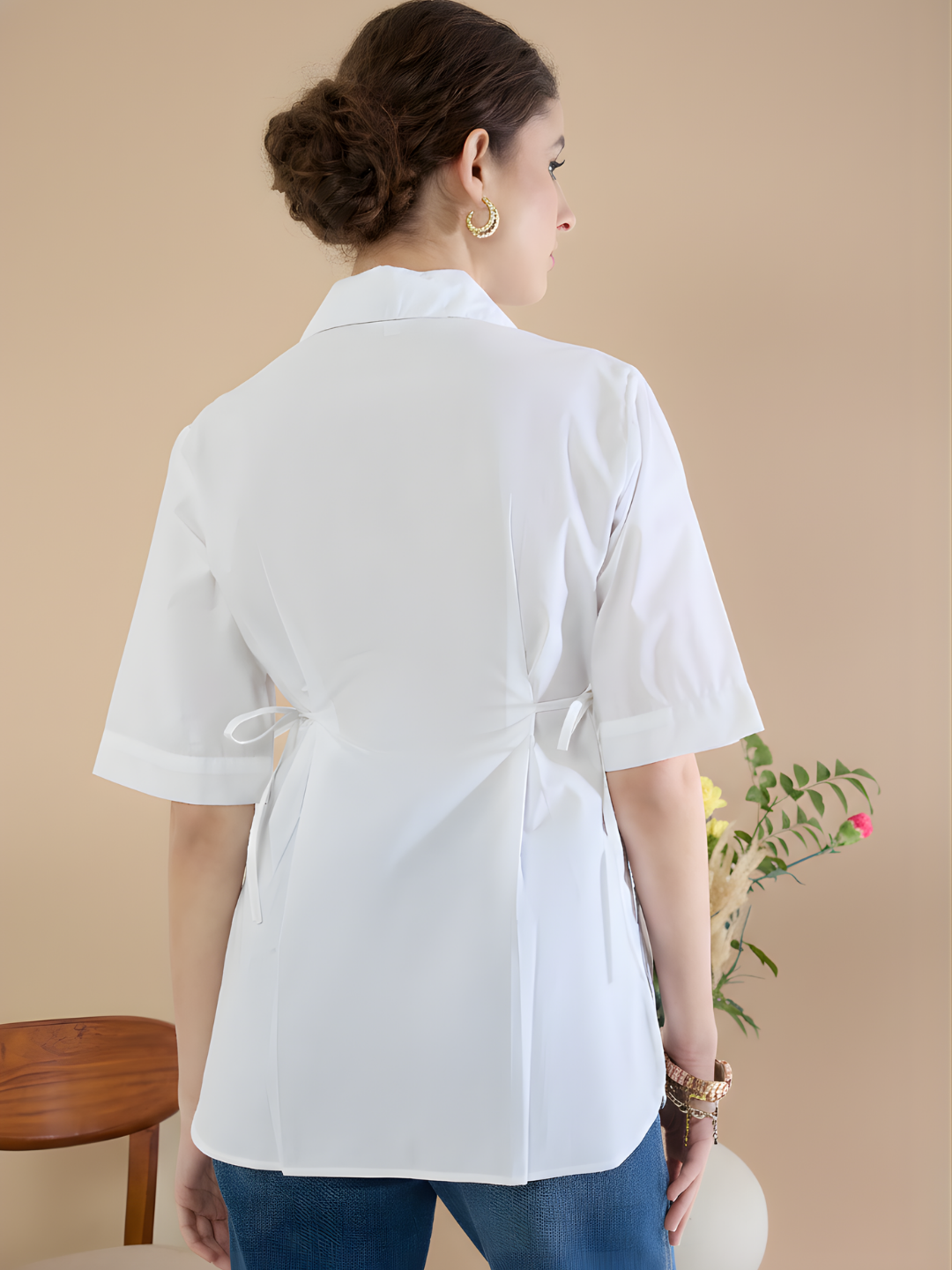 Pure Cotton Cinched Waist Collared Shirt