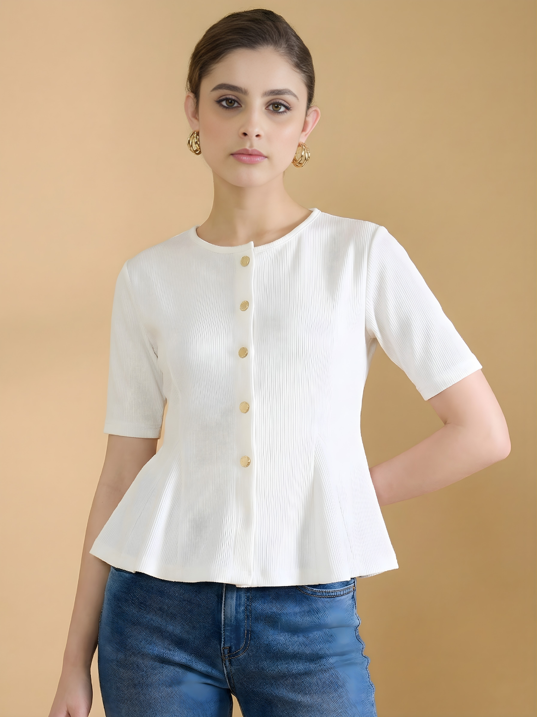 Stretchable Ribbed Flared Peplum Top
