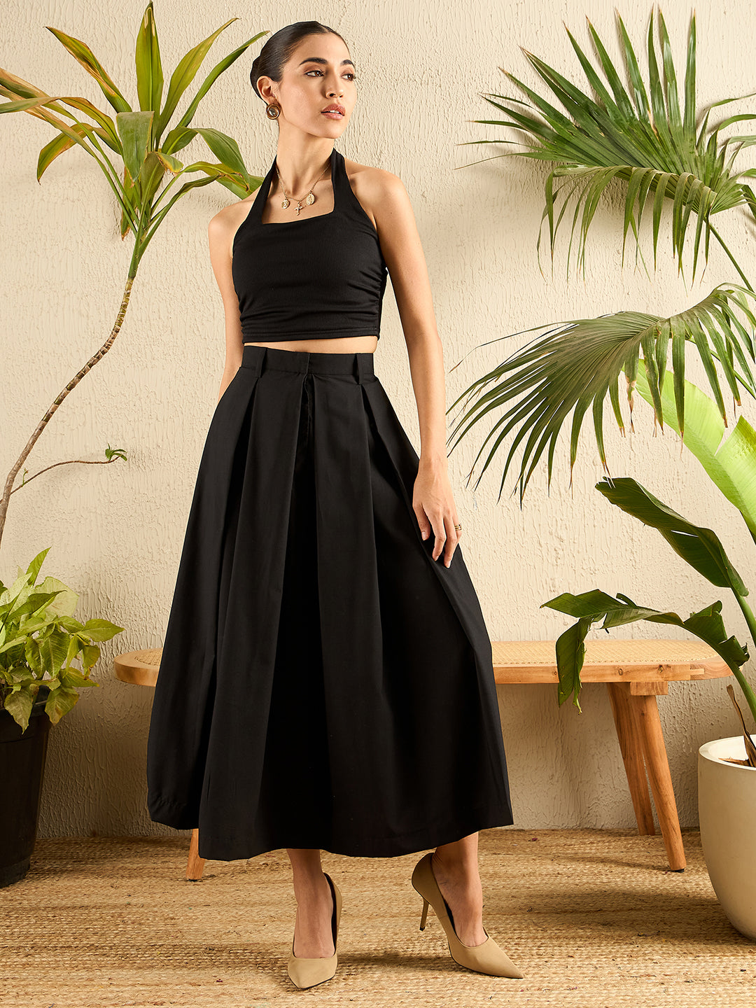Pure Cotton Box Pleated Midi Skirt