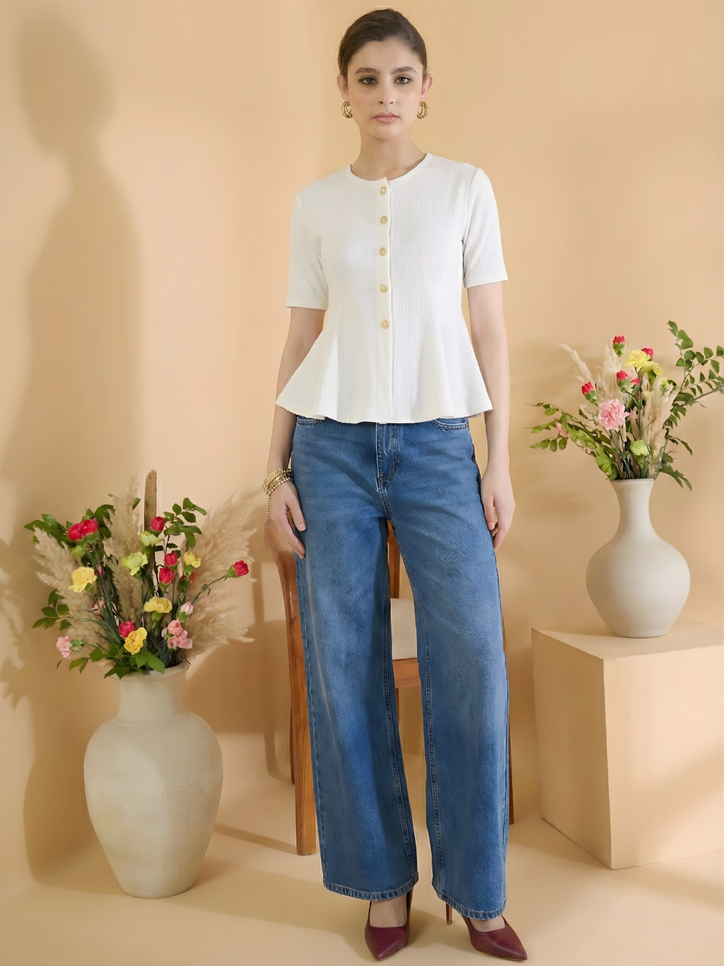 Stretchable Ribbed Flared Peplum Top