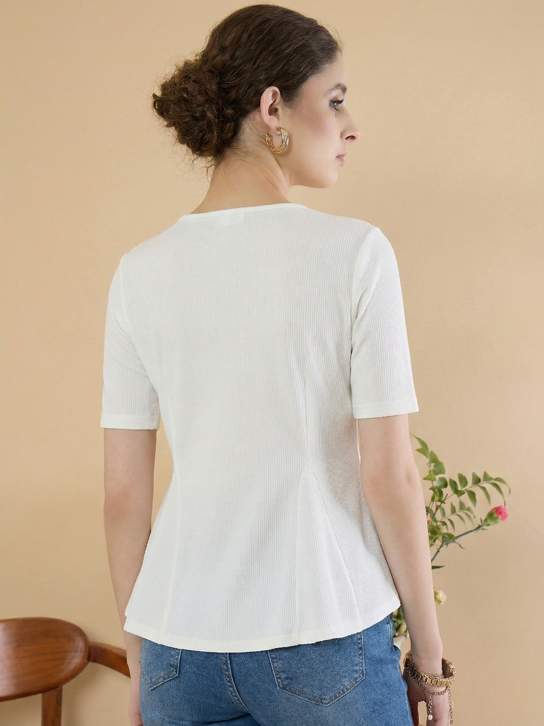 Stretchable Ribbed Flared Peplum Top