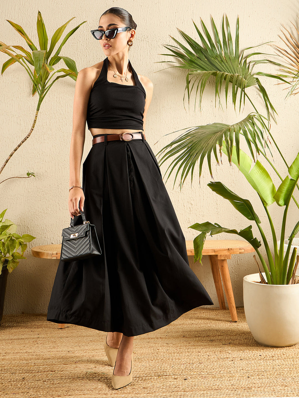 Pure Cotton Box Pleated Midi Skirt