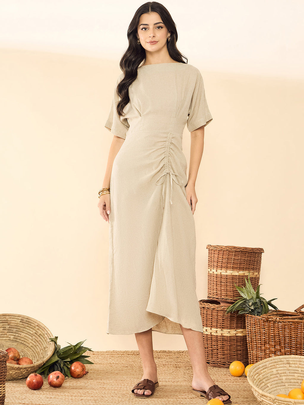Linen Drawstring Midi Dress