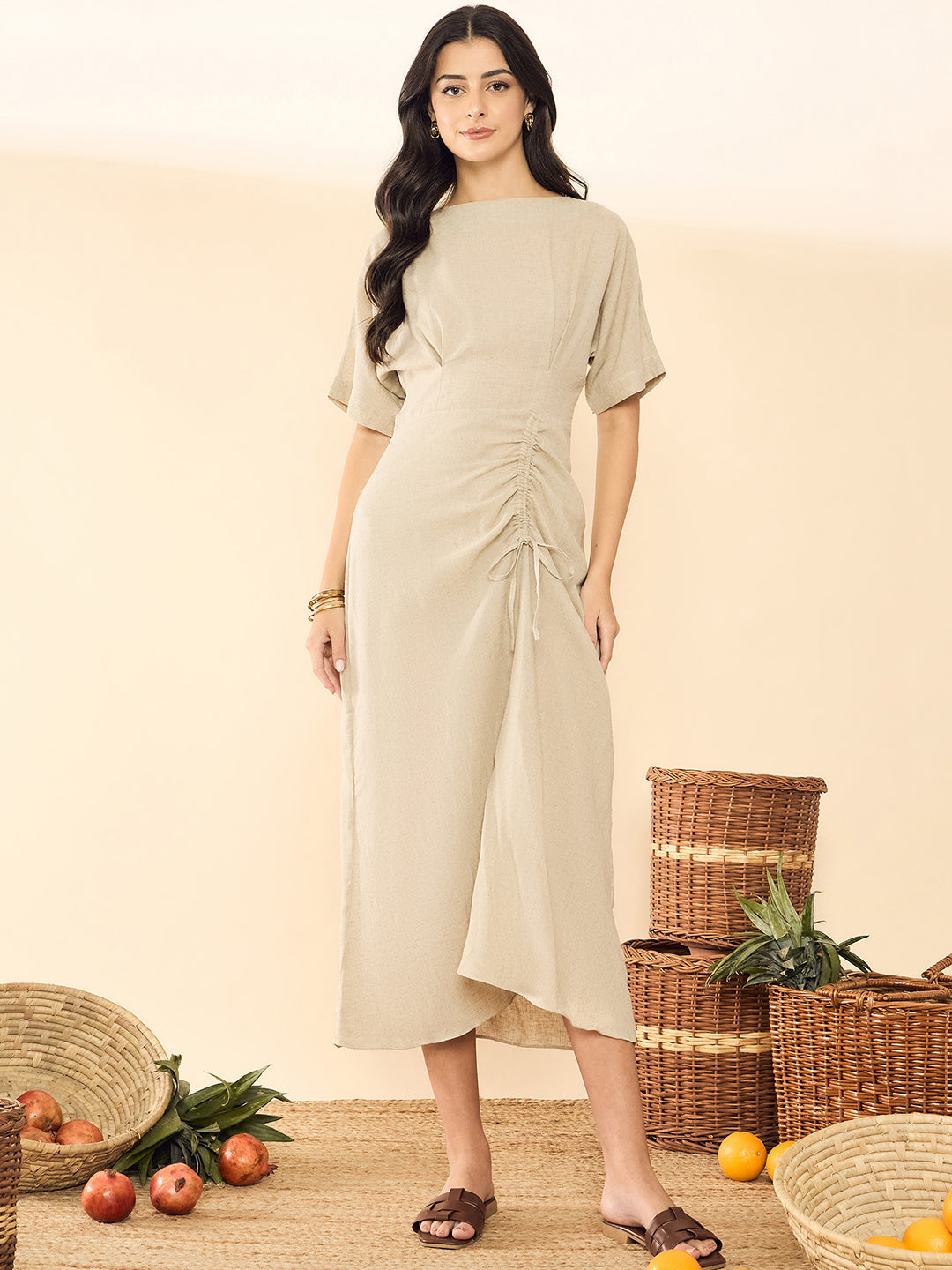 Linen Drawstring Midi Dress