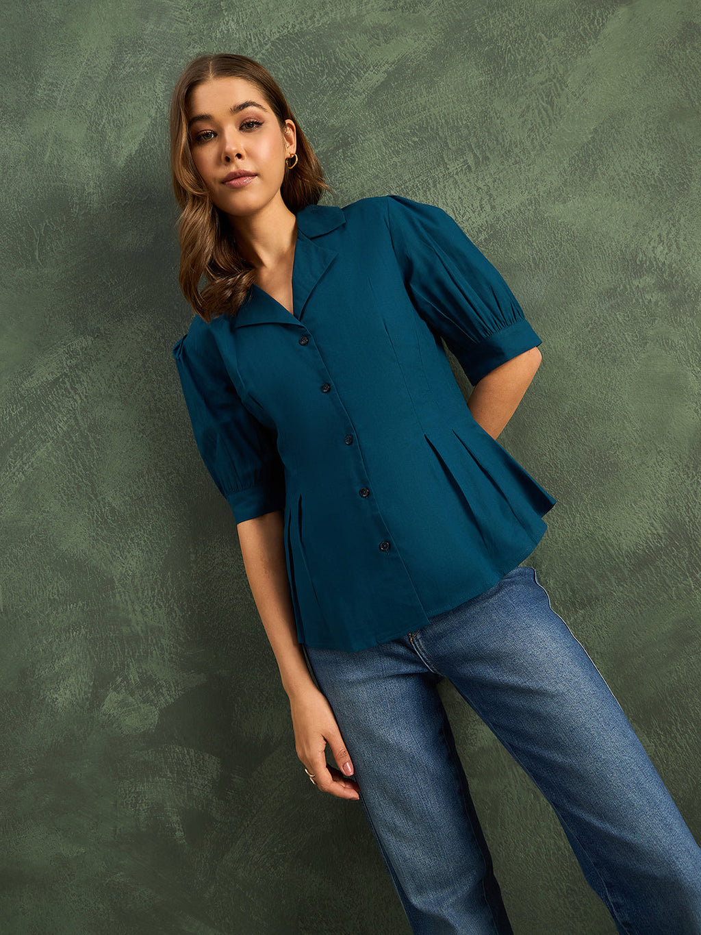 Puff Sleeve Pure Cotton Pleated Shirt