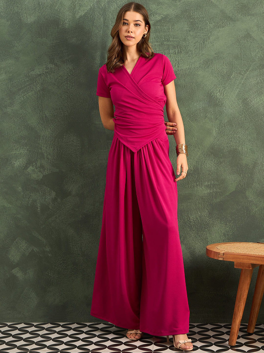 Stretchable Wrap Top & Flow Pants Co-Ord Set