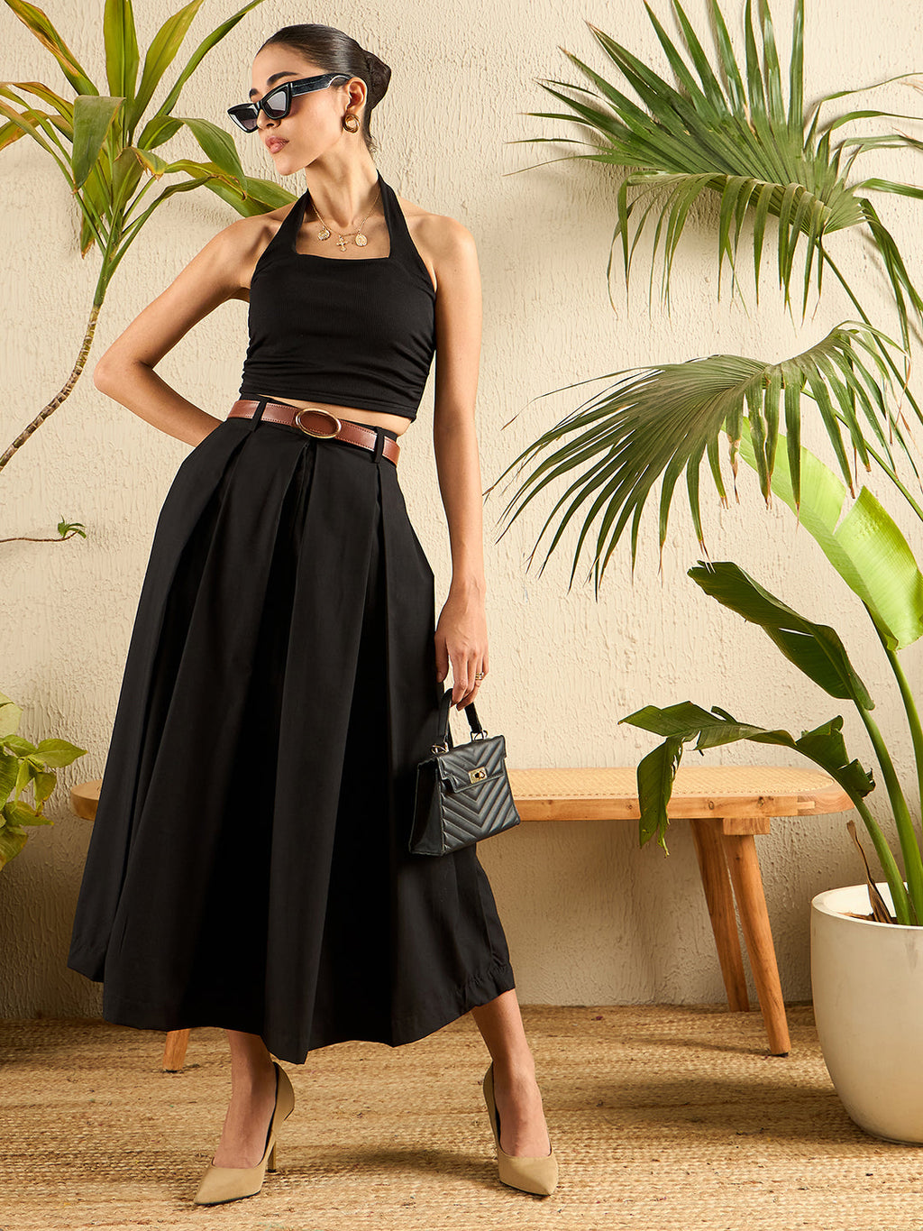 Pure Cotton Box Pleated Midi Skirt