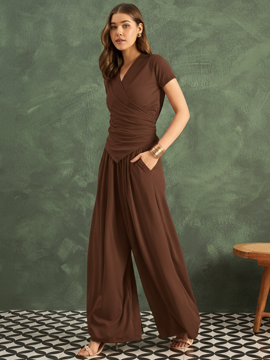 Stretchable Wrap Top & Flow Pants Co-Ord Set