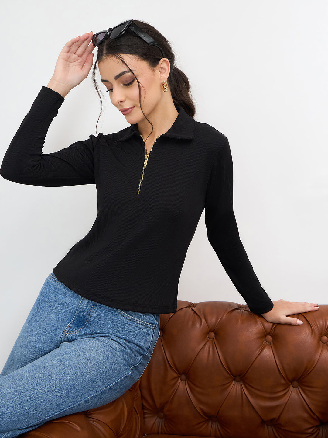 Stretchable Full Sleeves Front Zip Up Top