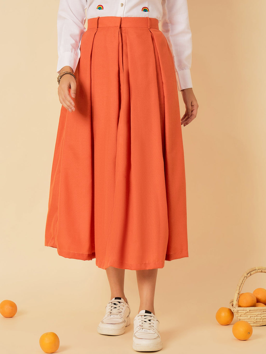 Pure Cotton Box Pleated Midi Skirt