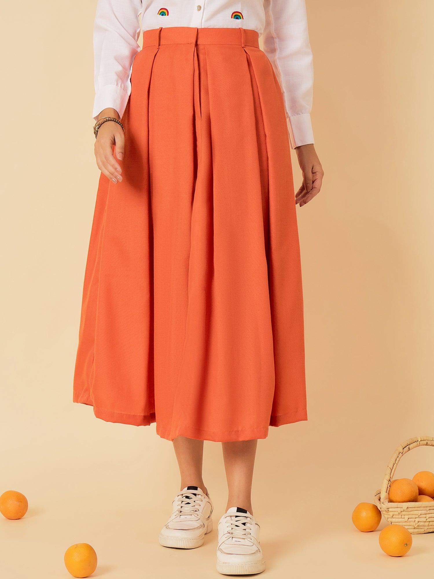 Pure Cotton Box Pleated Midi Skirt