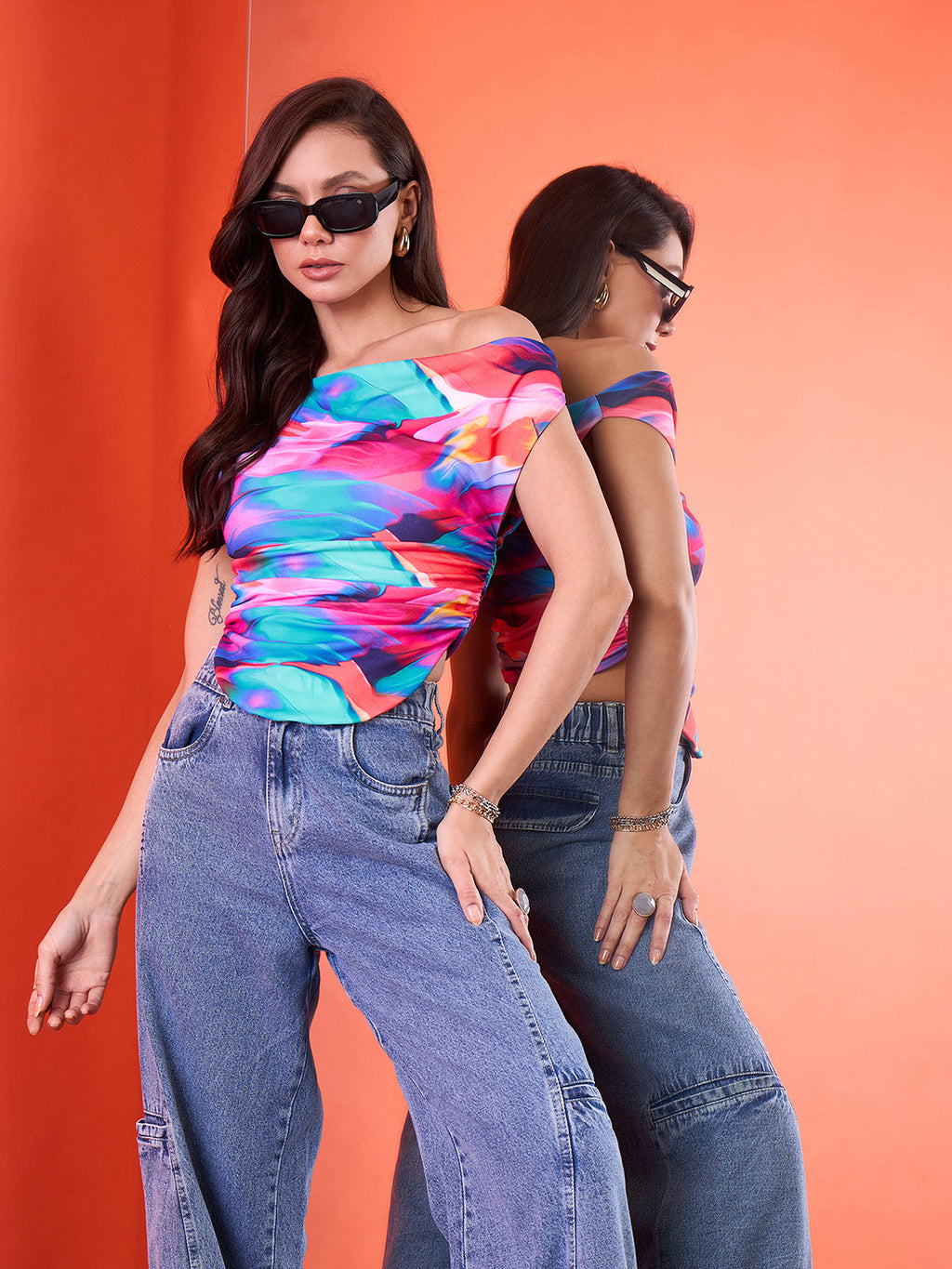 Printed Stretchable Draped Crop Top