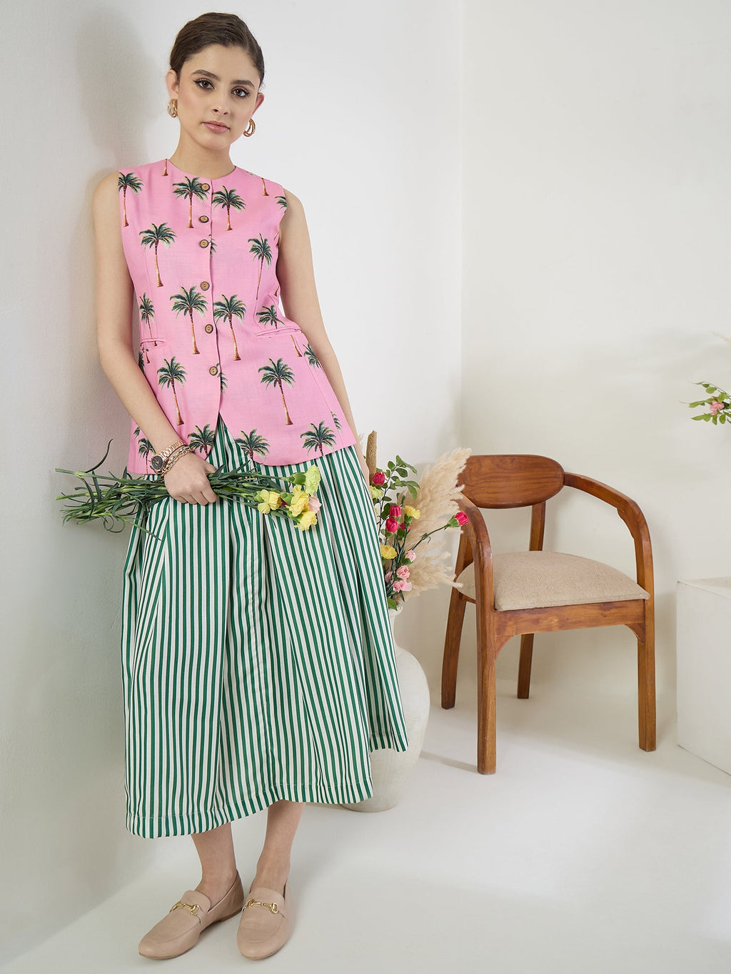 Pure Linen Waistcoat and Skirt Set
