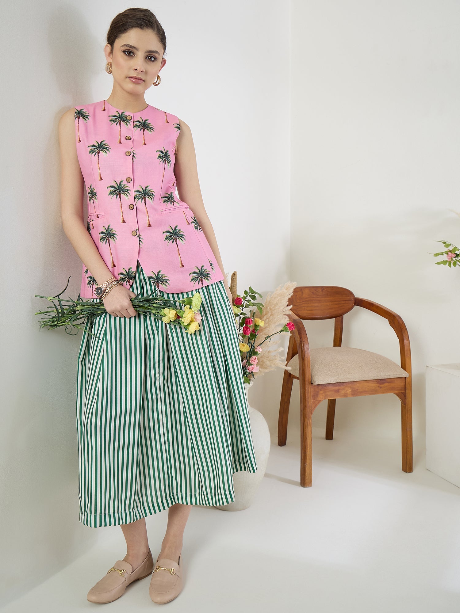 Pure Linen Waistcoat and Skirt Set