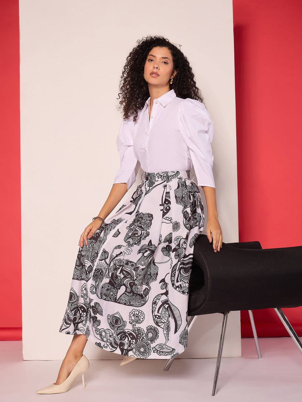 Pure Cotton Box Pleated Midi Skirt