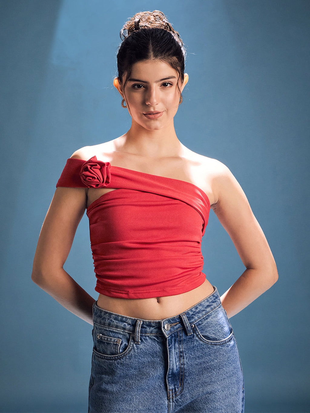 Stretchable One Shoulder Rose Top