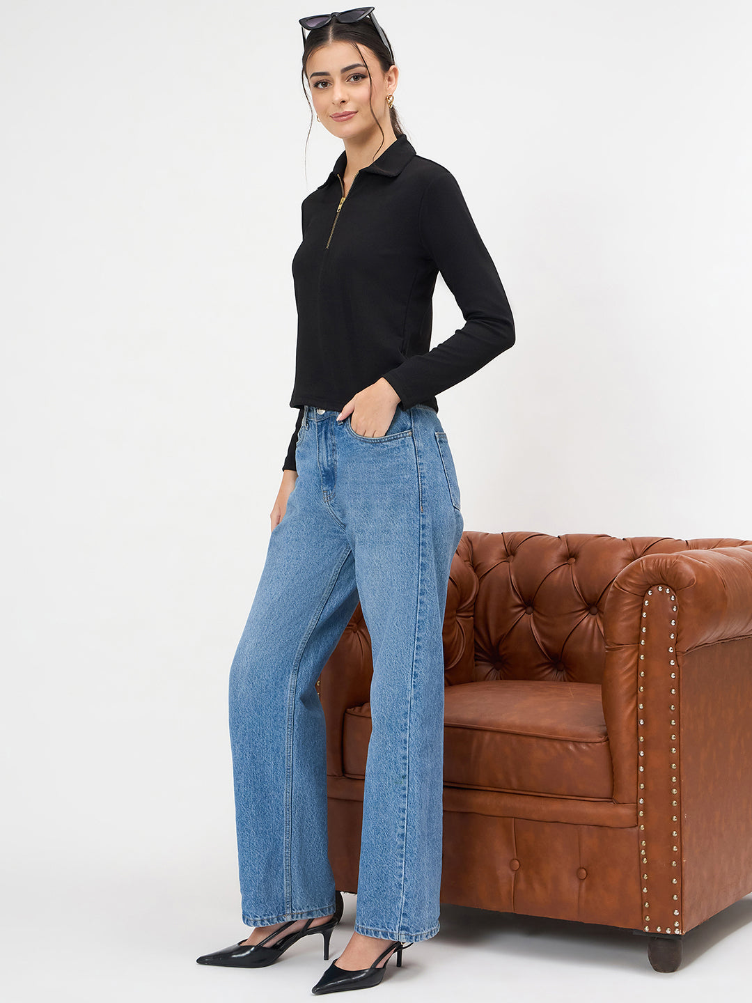 Stretchable Full Sleeves Front Zip Up Top
