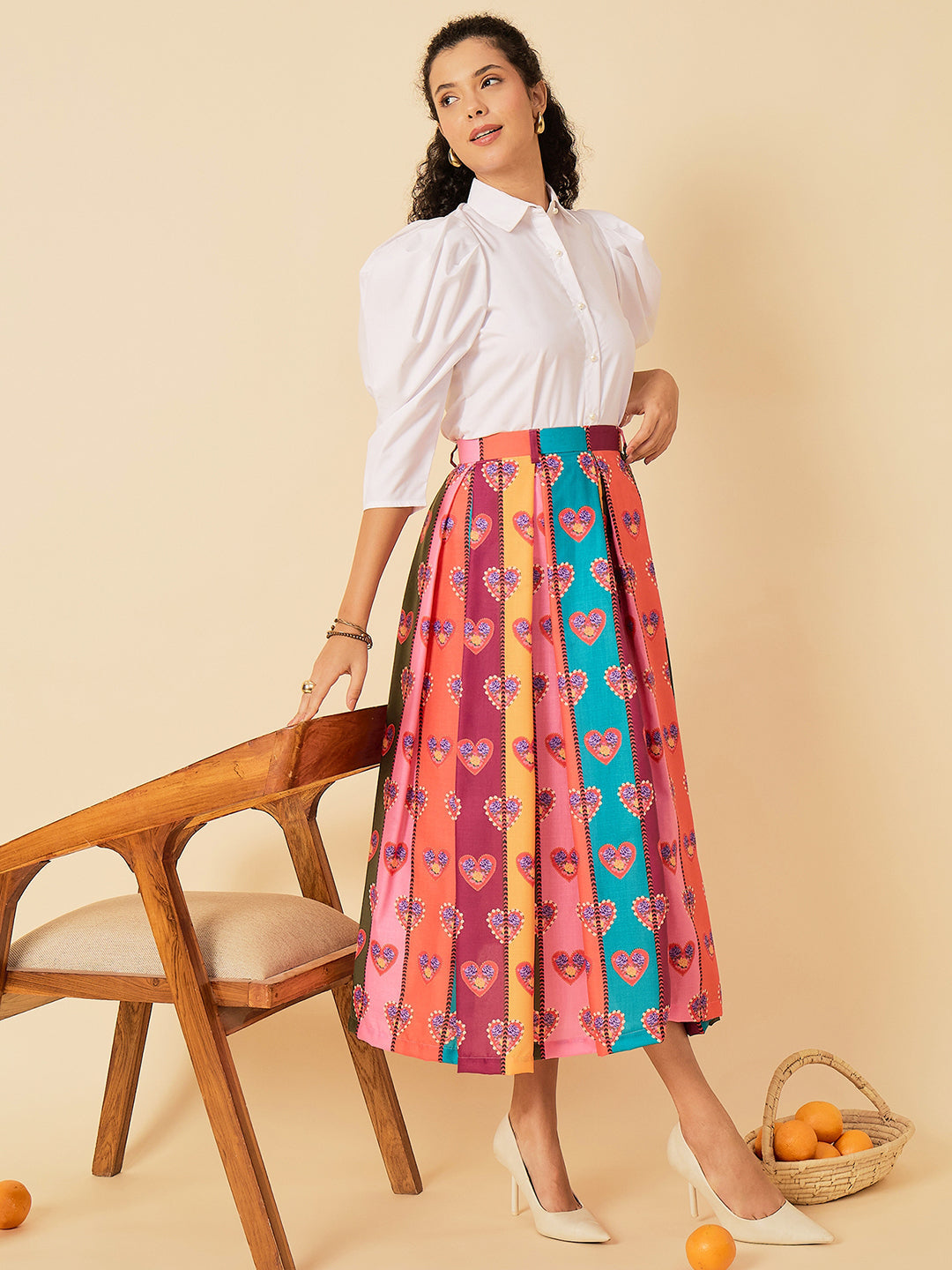 Pure Cotton Box Pleated Midi Skirt